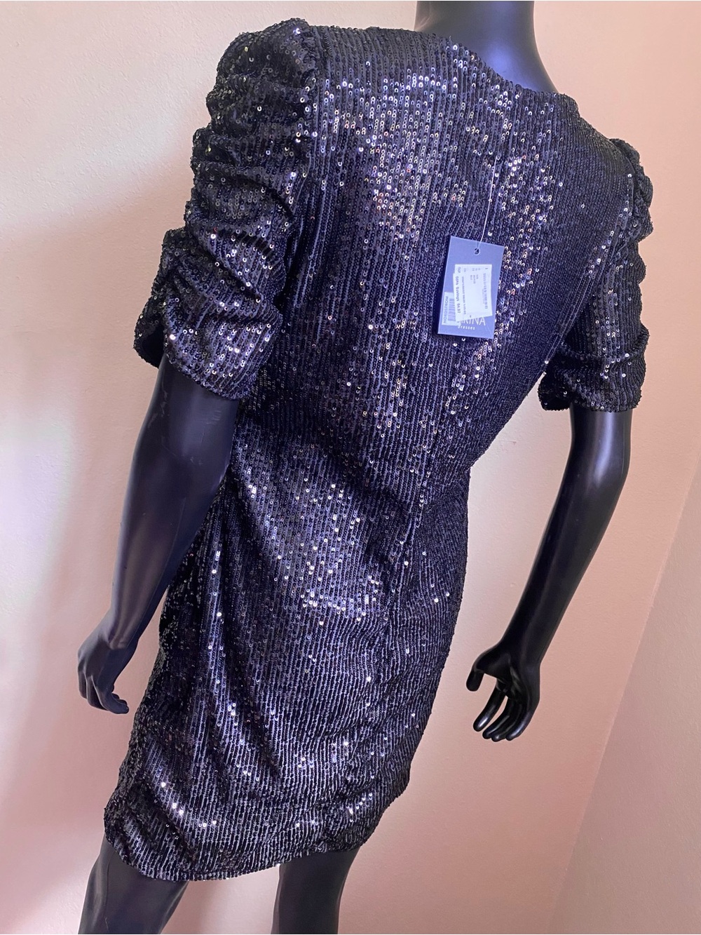 MARINA Black Ribbed Sparkling Sequin Mini Dress - Picture 7 of 11